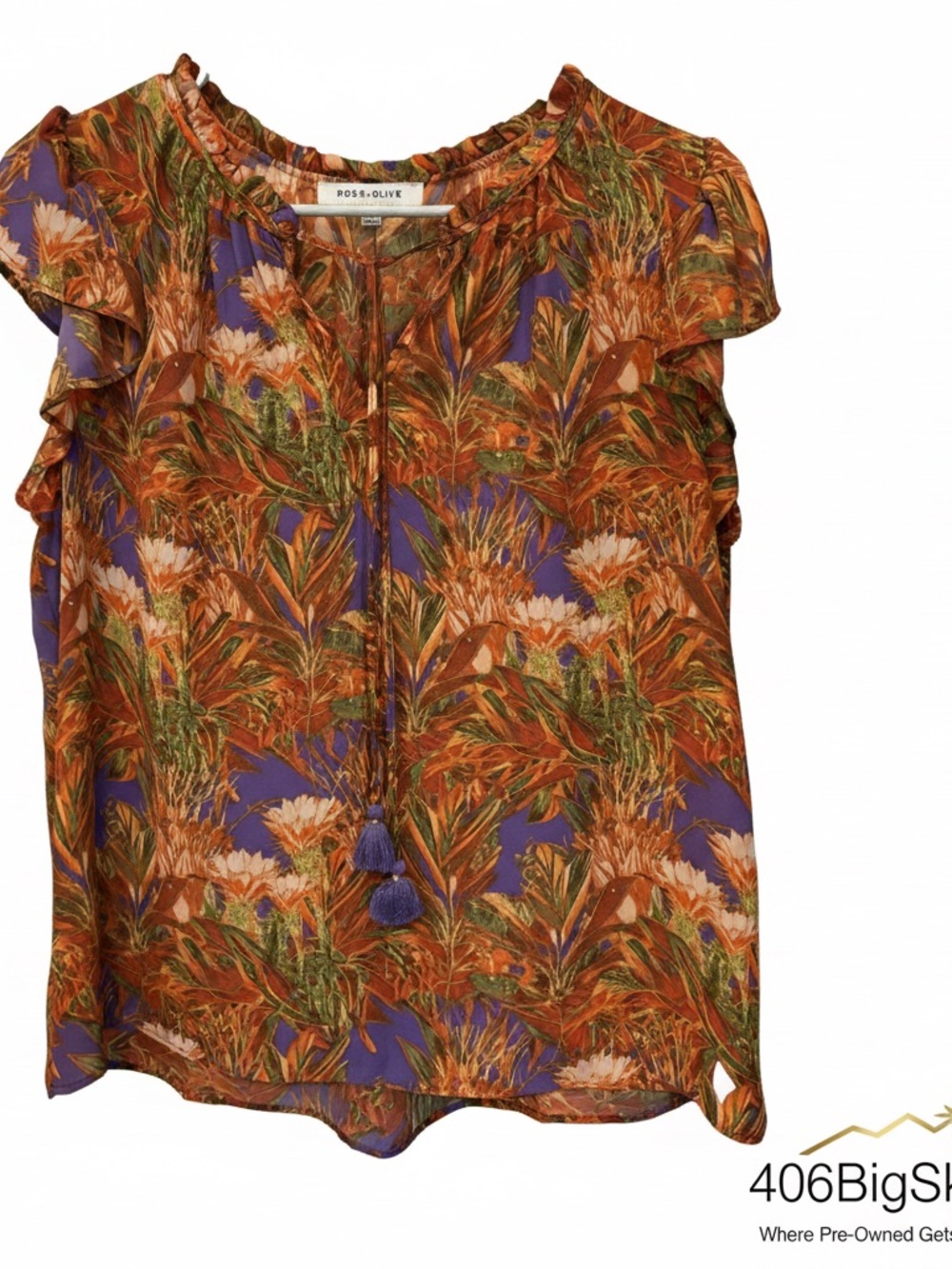 Rose & Olive Purple Floral Tassel Tie Ruffle Sleeve Top